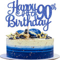 1 PCS Happy 90th Birthday Cake Topper Glitter Cheers to 90 Years Birthday Cake Pick Ninety 90 Fabulous Cake Decoration for Happy 90th Birthday Theme Party Decorations Supplies Blue