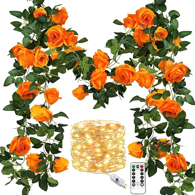 FiveSeasonStuff 29 Ft 4 Pack Mandarin Orange Rose Silk Flower Garland Artificial Flowers Decoration Hanging Floral with 66 feet String Lights