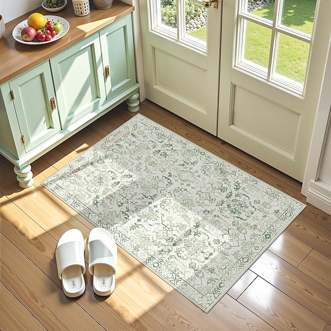 Green Small Area Rug 2x3 Throw Rug for Entryway Bathroom Kitchen, Non-Slip Low-Pile Washable Distressed Modern Boho Floor Carpet for Laundry Room, Indoor Washstand Vanity Front Mat 24x36 Inch