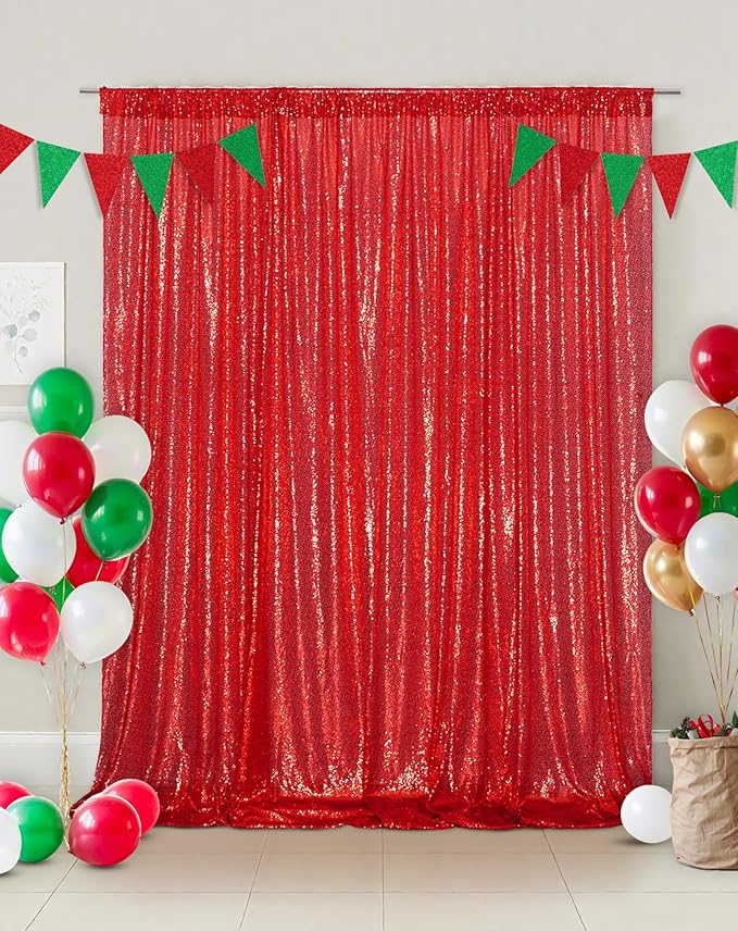Eternal Beauty Red Sequin Backdrop, 8x8 Ft Glitter Background Curtains for Christmas Shimmer Photography Party Wedding Birthday Back Drop Decor