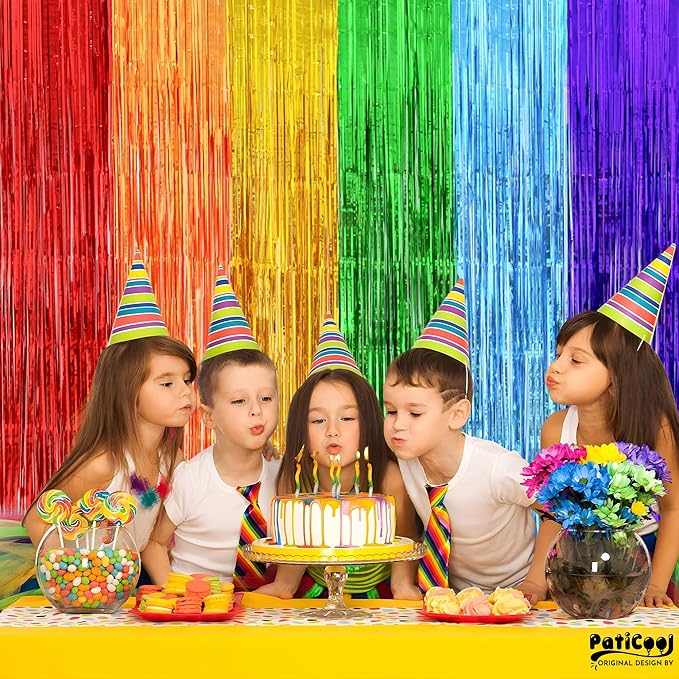Rainbow Streamers Party Decorations - Thicken 4 Pack 3.2 x 8.2 FT - Rainbow Tinsel Foil Fringe Curtains, Photo Booth Props Backdrops for Birthday, Fiesta, Mexican, Pride, Baby Shower