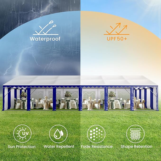 PHI VILLA 40 ft. x 20 ft. Large Outdoor Canopy Wedding Party Tent with Removable Side Walls & 7 Storage Bags, White with Blue Stripes