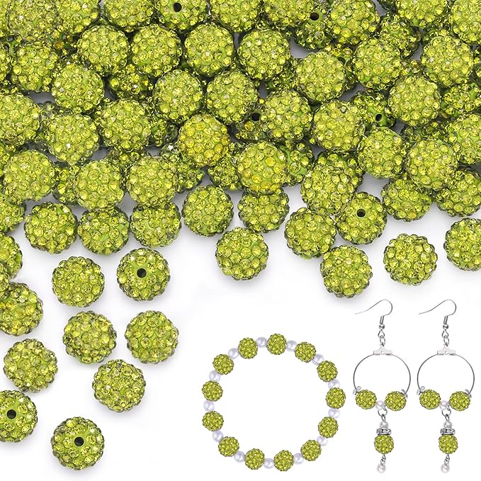 100 pcs 10mm Rhinestone Beads for Jewelry Making, Olivine Shiny Round Shamballa Disco Beads Bulk, Sparkle Crystal Clay Christmas for Bracelet Baseball Necklace Earring Crafting and DIY