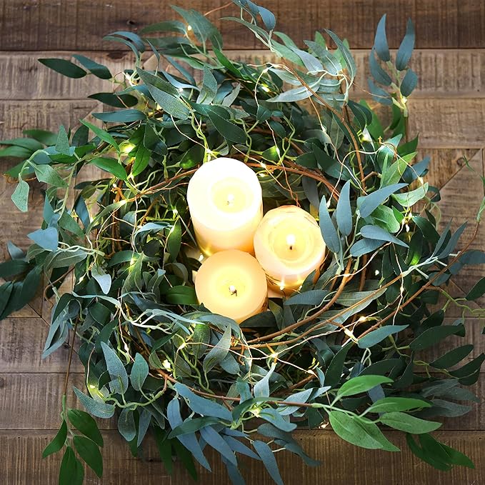 FiveSeasonStuff 2 Mix Rustic Willow Garlands, Bendable Artificial Greenery Vine Leaves for Wedding Home Decoration with 33 Feet String Lights