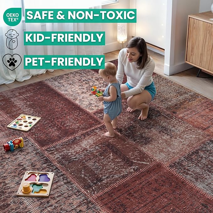 Bloom Rugs Washable Non-Slip 3' x 5' Rug - Red/Brown Traditional Patchwork Area Rug for Living Room, Bedroom, Dining Room, and Kitchen - Exact Size: 3' x 5'