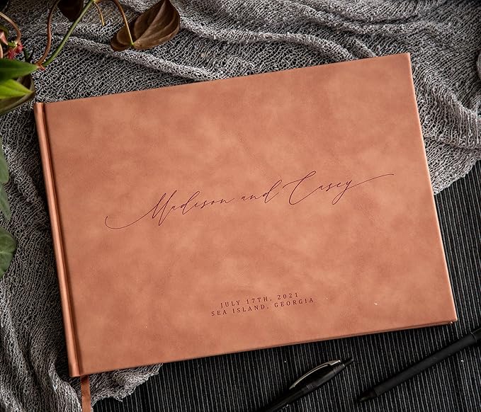 MUUJEE Personalized Guestbook in Old Rose - Premium Custom Modern Guest Book for Wedding Reception, Birthday Party or Events w/Bookmark Blank Pages for Signing 11.5 x 8.5 inches