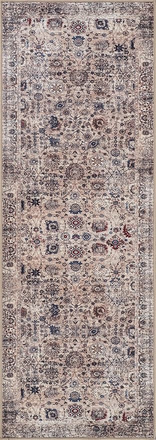 Bloom Rugs Washable Non-Slip 12 ft Runner - Light Tan/Blue Traditional Oriental Runner for Entryway, Hallway, Bathroom, and Kitchen - Exact Size: 2.5' x 12'