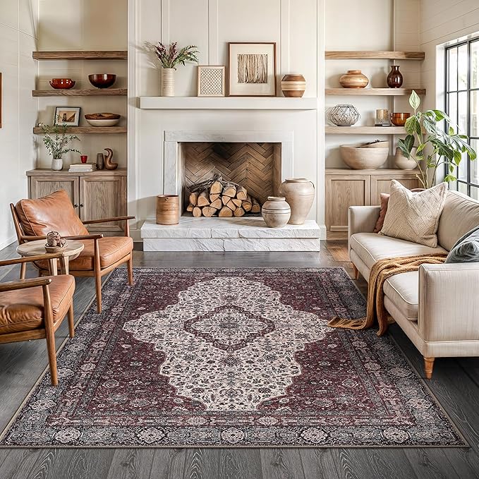 Bloom Rugs Washable Non-Slip 6' x 9' Rug - Red/Green/Cream Traditional Medallion Area Rug for Living Room, Bedroom, Dining Room, and Kitchen - Exact Size: 6' x 9'