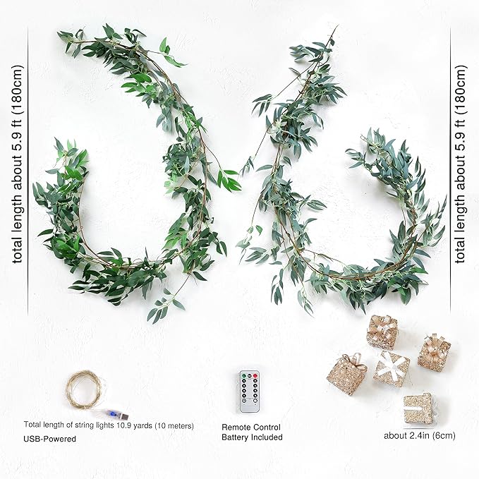Artificial Willow Garland with Lights & Ornaments – 2-Pack Lighted Greenery Vine, USB Fairy Lights with Remote & Timer for Mantels, Weddings, Fireplace, Holidays, Parties & Everyday Home Decor