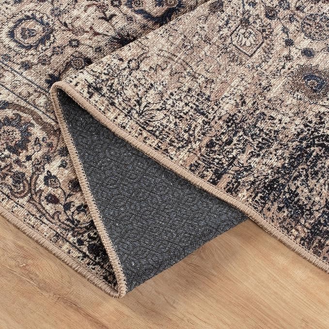 Bloom Rugs Washable Non-Slip 6' x 9' Rug - Light Tan/Blue Traditional Oriental Area Rug for Living Room, Bedroom, Dining Room, and Kitchen - Exact Size: 6' x 9'