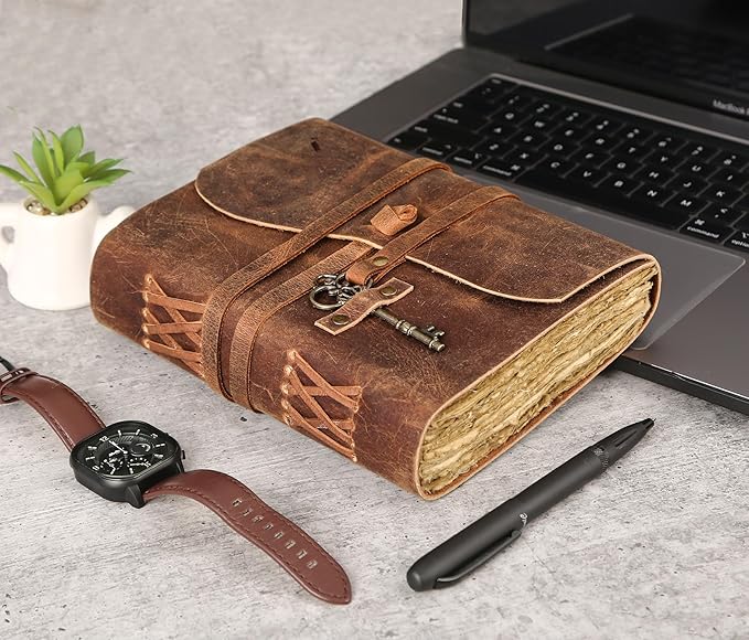 Leather Journal with Lined and Unlined Deckle Edge Paper 8x6 inch and Vintage Key | Handmade Writing Notebook Diary | Bound Daily Notepad for Men & Women Medium, Sketch/Writing pad for Artists