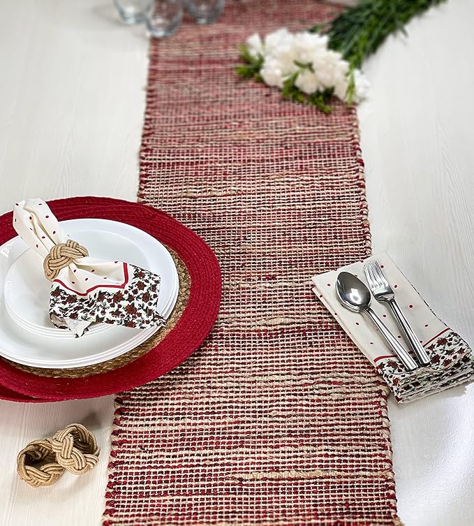 Chardin home Natural Jute Table Runner 13x72 Inch – Vintage Boho Rustic Table Decor – Handwoven Table Runner in Natural Jute and Red – Farmhouse Dining or Console Table Accent
