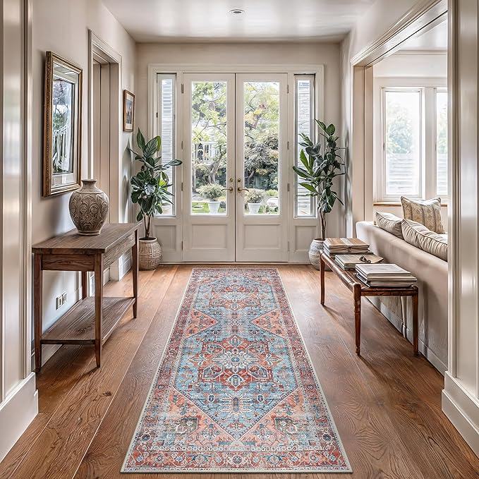Bloom Rugs Washable Non-Slip 10 ft Runner - Coral/Sky Blue Traditional Medallion Runner for Entryway, Hallway, Bathroom, and Kitchen - Exact Size: 2.5' x 10'