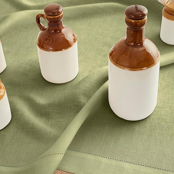 Solino Home Linen Table Runner 108 Inches Long - 100% Pure Linen Moss Green Table Runner 14 x 108 Inch for Fall, Autumn, Thanksgiving - Classic Hemstitch