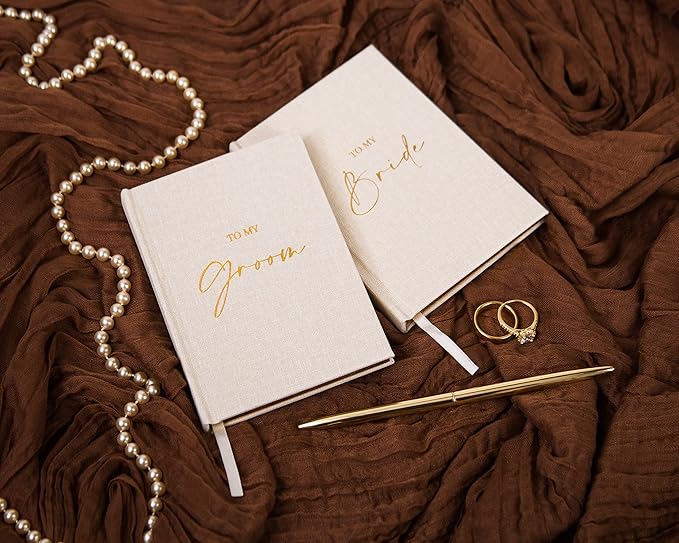 MUUJEE Hard Cover Vow Books (Set of 2) - Foil Embossed Wedding Ceremony Vow Renewal Speech Books, Couple Gifts for Engagement (To My Bride/Groom)