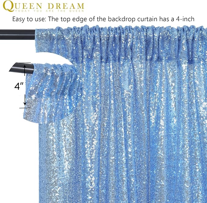 Sequin Backdrop Drapes 3 Panels Fabric Curtain 2FT x 8FT Baby Blue Wedding Photo Backdrop for Birthday Party Photography Background Home Decorations