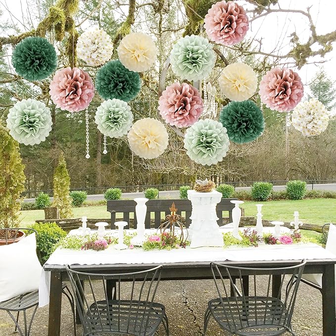 16pcs Dusty Rose Olive Sage Green Tissue Paper Pom Poms Flowers Sage Green Dusty Pink Party Decorations for Bridal Shower Baby Shower Rustic Wedding Birthday Engagement Party Decorations