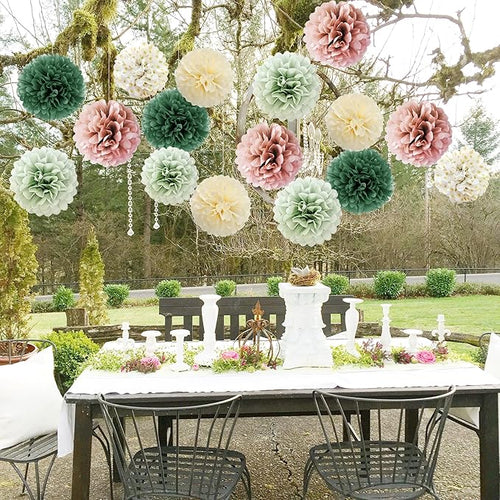 16pcs Dusty Rose Olive Sage Green Tissue Paper Pom Poms Flowers Sage Green Dusty Pink Party Decorations for Bridal Shower Baby Shower Rustic Wedding Birthday Engagement Party Decorations