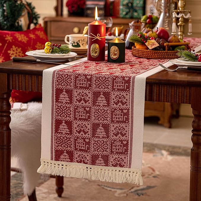 Table Runners 72 Inches,Christmas Tree Table Runner with Tassel Fringe,Gift Table Runner for Party，Coffee Table, Festival