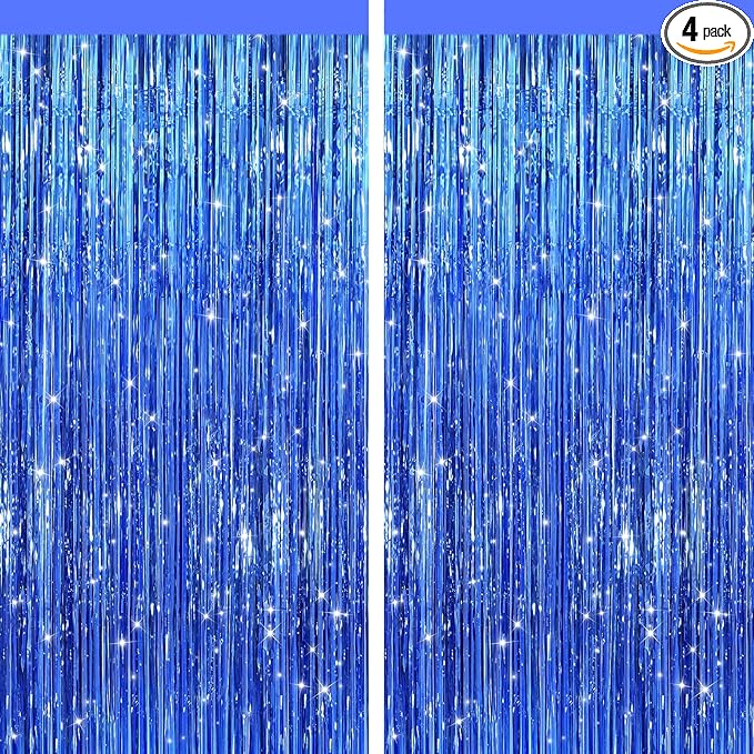 2 Pack Blue Metallic Tinsel Foil Fringe Curtains, Door Streamers Photo Booth Backdrop for Birthday Party, Tinsel Curtain Backdrop for Baby Shower Bachelorette Christmas Party Decorations