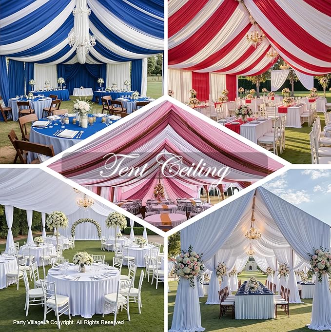 PartyVillage 10 Panels 5ftx30ft White Ceiling Drapes for Wedding Parties – 30 FT Extra Long Thick Polyester Wrinkle-Free Drapery Tent Decor Decorations for Birthday Party Ceremony Stage Swag