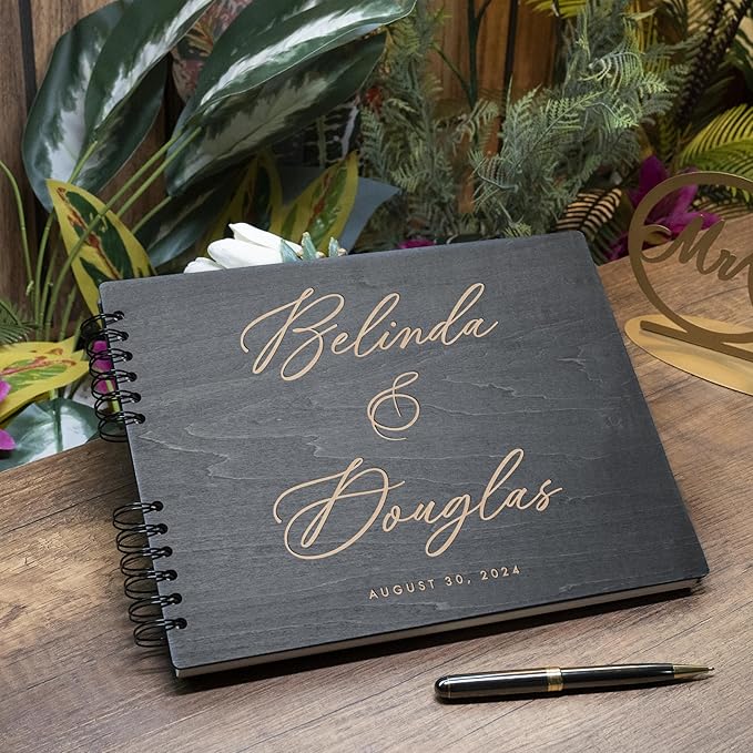 Personalized Wood Wedding Guest Book - 5 Colors/Finishings, 2 Sizes, 12 Designs - Wood Wedding Decorations, Guest Book Signs for Wedding Reception (DESIGN 2)
