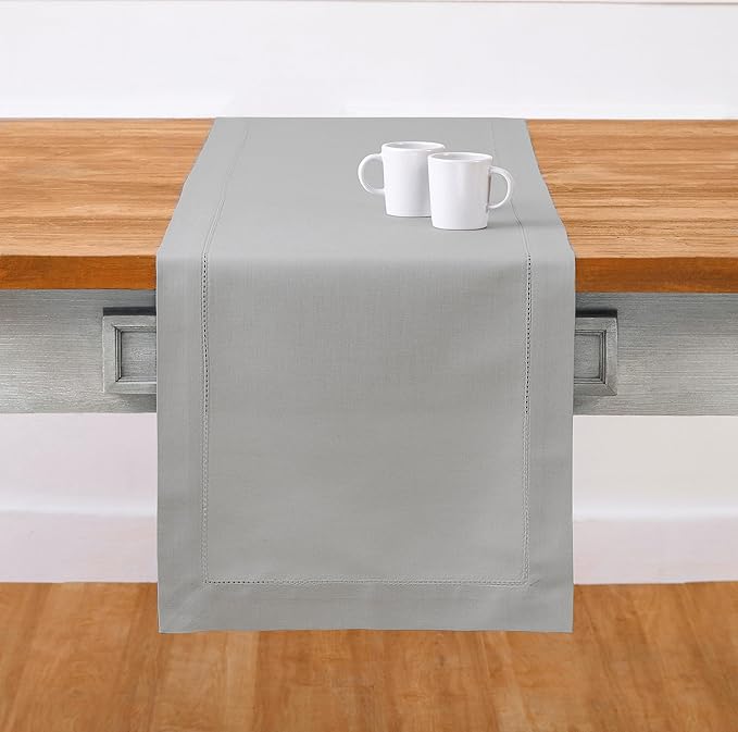 Solino Home Light Grey Table Runner 90 Inches Long - Cotton Linen Hemstitch 14 x 90 Inch Table Runner for Dining, Fall, Autumn, Thanksgiving, Holiday