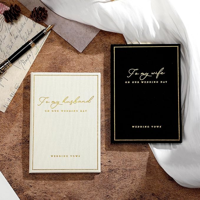 2 Pcs Wedding Vow Books His and Her to Husband Wife Wedding Must Have Registry Ideas Gold Foil Lined Page Premium Engagement Gift for Guest Groom Newly Engaged Couple(Black-White)