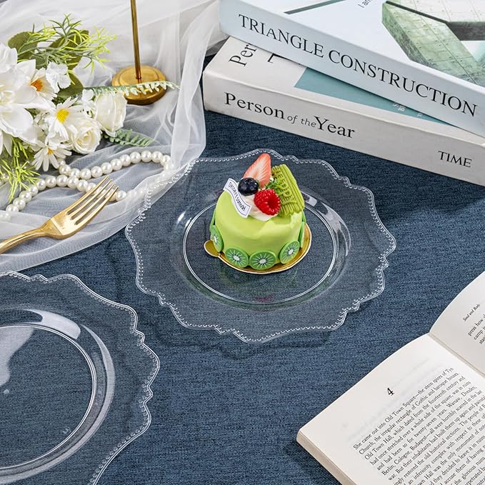 COLOSUS 100pcs 7.5 Inch Clear Plastic Dessert Plates-Heavy Duty Disposable Plastic Cake Plates,Premium Salad Plate,Fancy Disposable Cake Plate for Party for Party Wedding and Everyday Use
