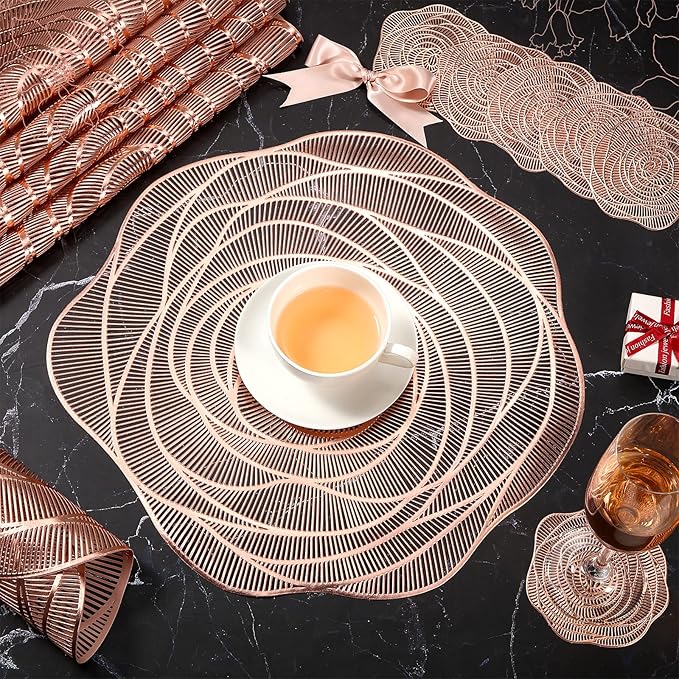 Sieral 48 Set 15 Inch Round Pressed Vinyl Placemats Hollow Out Rose Placemat Set Metallic Slip Resistant Place Mat Coaster Including Place Mats and Coasters for Wedding Dining Kitchen (Rose Gold)