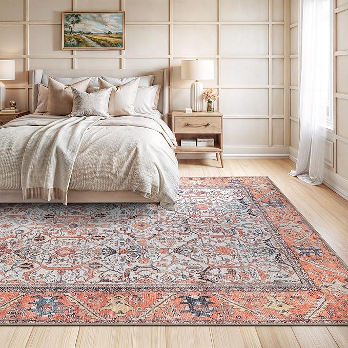 Bloom Rugs Washable Non-Slip 9' x 12' Rug - Orange Traditional Bordered Area Rug for Living Room, Bedroom, Dining Room, and Kitchen - Exact Size: 9' x 12'