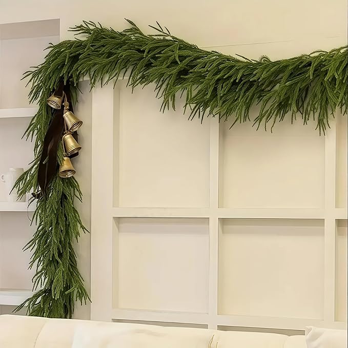 Christmas Decorations Artificial Norfolk Pine Garlands 9FT, 4Pcs Real Touch Winter Pine Garland, Green Artificial Greenery Garland for Table, Mantle, Wall, Indoor, Outdoor Decorations