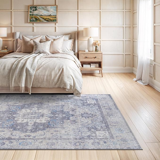 Bloom Rugs Washable Non-Slip 6' x 9' Rug - Blue/Sand Traditional Medallion Area Rug for Living Room, Bedroom, Dining Room, and Kitchen - Exact Size: 6' x 9'