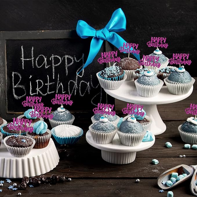 Gyufise 24Pcs Happy Birthday Cupcake Toppers Glitter Birthday Cupcake Food Picks for Celebrating Purple Theme Party Cake Decorations Supplies Purple