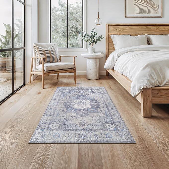 Bloom Rugs Washable Non-Slip 3' x 5' Rug - Blue/Sand Traditional Medallion Area Rug for Living Room, Bedroom, Dining Room, and Kitchen - Exact Size: 3' x 5'