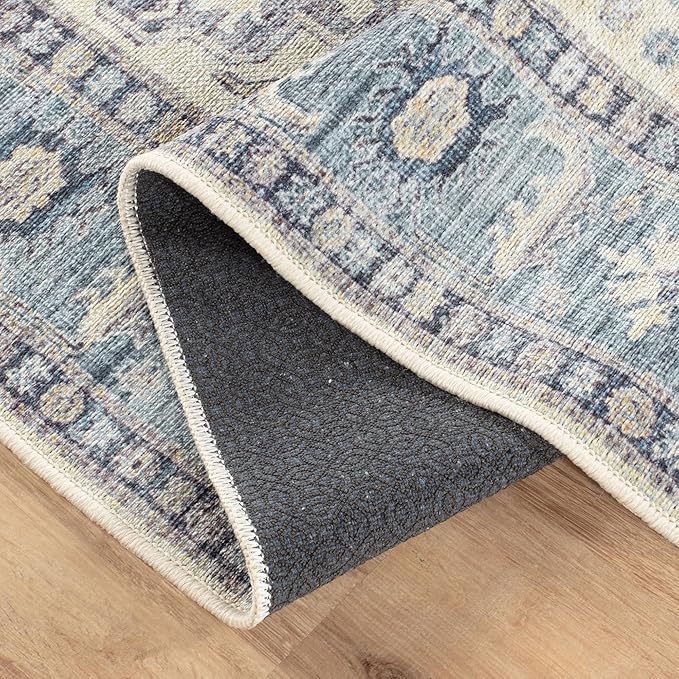 Bloom Rugs Washable Non-Slip 6' x 9' Rug - Blue/Beige Traditional Oriental Area Rug for Living Room, Bedroom, Dining Room, and Kitchen - Exact Size: 6' x 9'