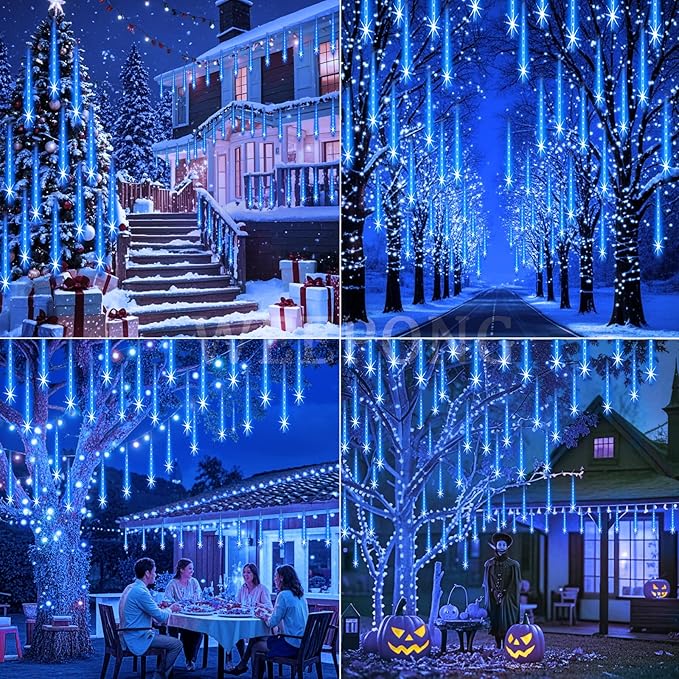 Christmas Lights Outdoor 32 Tubes 768 LEDs Meteor Shower Lights UL Certified Snow Falling Rain Drop Icicle String Light for Xmas Tree Halloween Decorations Wedding Party Garden Decor, Blue