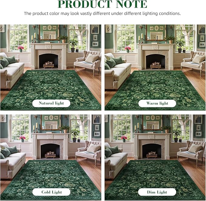 Dark Green Area Rugs 8x10 Rugs for Living Room, Traditional Washable Rugs for Bedroom Distressed Large Area Rug Living Room Rug Non Slip Rug Carpet for Dining Nursery