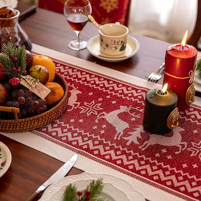 Table Runners 48 Inches,Elk Table Runner with Tassel Fringe,Christmas Table Runner for Party，Coffee Table, Festival