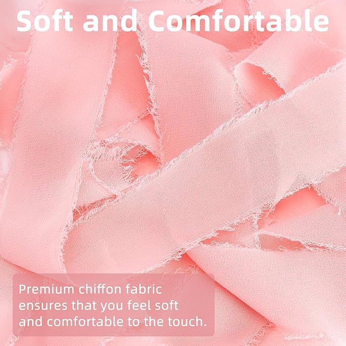 Blush Pink Handmade Chiffon Ribbon,1.5Inch x 3 Rolls Total 24 Yards Blush Pink Fringe Chiffon Silk Ribbon,for Wrapping Wedding Invitations,Bridal Bouquets,DIY Crafts,Home Decor and More