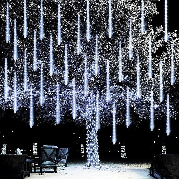 Dazzle Bright 1728 LED Christmas Light, Meteor Shower Rain Lights 11.8 Inch 48 Tubes, Waterproof Plug in Falling Rain Lights Decorations for Xmas Tree Yard Party (White)