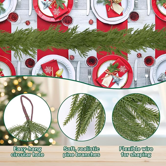 2 Pcs 6FT Christmas Garlands Norfolk Pine Garland - Real Touch Winter Pine Garland, Artificial Norfolk Tree for Indoor Outdoor Holiday Decor, Fireplace Mantel, Door, Porch (Yellow Bell)