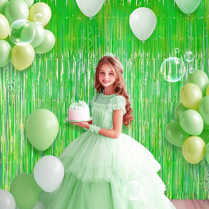 2 Pack Pink & Green Party Streamers Backdrop Curtains, 3.3x8.2ft Holographic Tinsel Foil Curtain Photo Booth Props for Birthday, Wedding, Holiday Celebration, Bachelorette, Theme Decorations