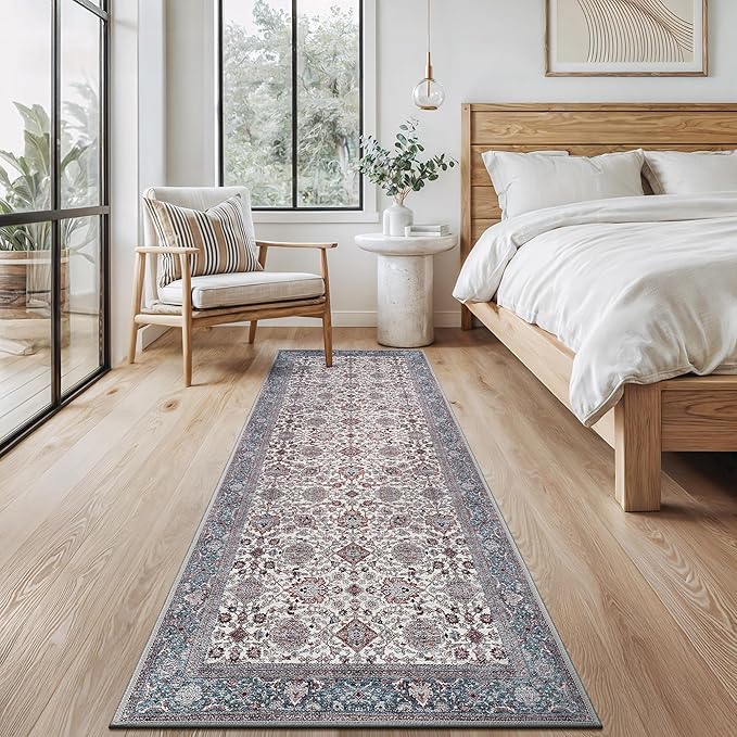 Bloom Rugs Washable Non-Slip 12 ft Runner - Teal/Blue/Beige Traditional Oriental Runner for Entryway, Hallway, Bathroom, and Kitchen - Exact Size: 2.5' x 12'