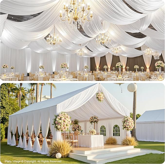 PartyVillage 12 Panels 5ftx30ft White Ceiling Drapes for Wedding Parties – 30 FT Extra Long Thick Polyester Wrinkle-Free Drapery Tent Decor Decorations for Birthday Party Ceremony Stage Swag