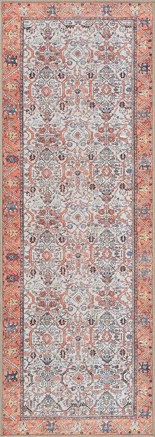 Bloom Rugs Washable Non-Slip 12 ft Runner - Orange Traditional Bordered Runner for Entryway, Hallway, Bathroom, and Kitchen - Exact Size: 2.5' x 12'