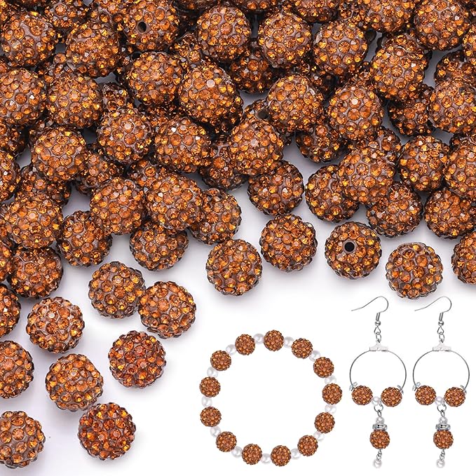 100 pcs 10mm Rhinestone Beads for Jewelry Making, Brown Shiny Round Shamballa Disco Beads Bulk, Sparkle Crystal Clay Christmas for Bracelet Baseball Necklace Earring Crafting and DIY