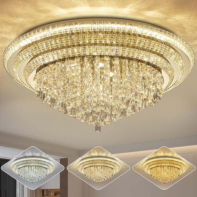 40 inch Crystal Gold Ceiling-Light Flush Mount with Remote Control and APP, 3CCT Dimmable & Brightness Adjustable, Modern Crystal Raindrop Chandeliers for Bedroom Hallway Dinning Room Living Room
