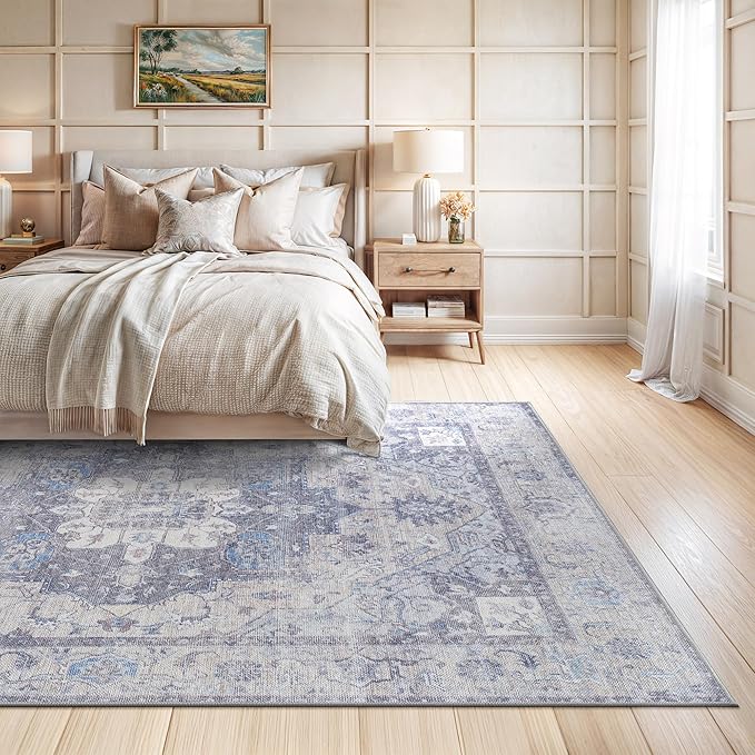 Bloom Rugs Washable Non-Slip 8' x 10' Rug - Blue/Sand Traditional Medallion Area Rug for Living Room, Bedroom, Dining Room, and Kitchen - Exact Size: 8' x 10'