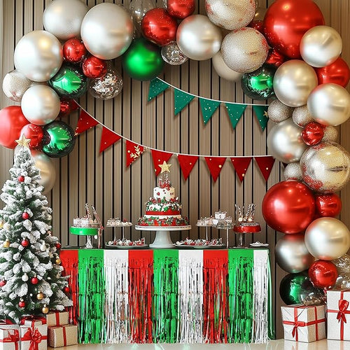 2 Pack Christmas Table Skirts, 29x108" Red & Silver & Green Metallic Foil Tinsel Fringe Table Skirts for Rectangle Tables Streamer Curtain Backdrop, Party Decoration for Xmas Birthday Wedding Holiday